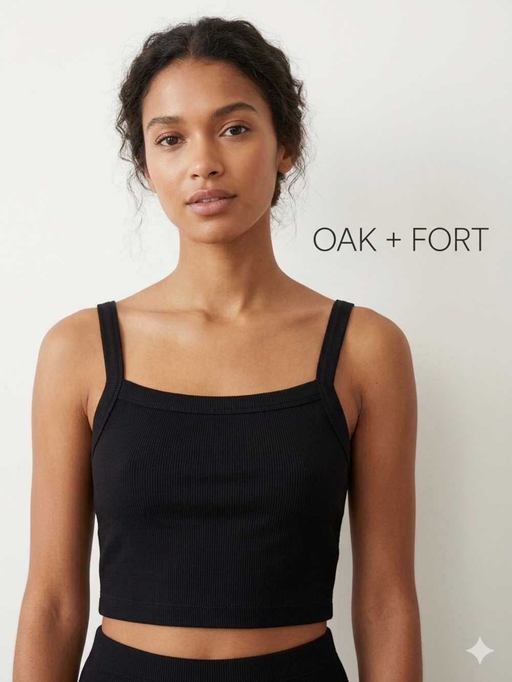 OAK + FORT Black Ribbed Square-Neck Crop Top